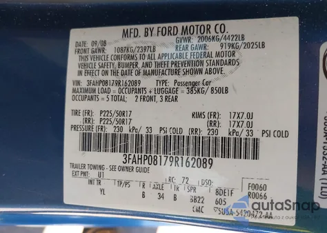 2009 Ford Fusion Sel из США, поврежденный, VIN 3FAHP08179R162089